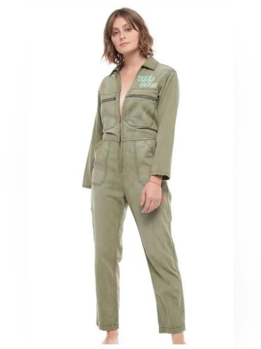 NWT Free People Sandrine Rose Tre’s Cool Green Deep Front Zip Jumpsuit in Small